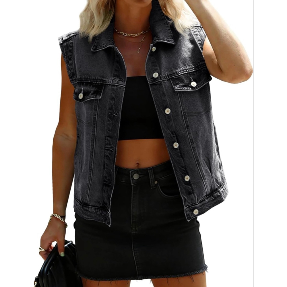 NEW Black Distressed Denim Classic Button Down Sleeveless Jean Vest L
